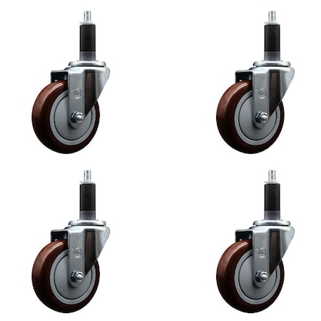 Service Caster 4'' Maroon Poly Wheel Swivel 1-1/8'' Expanding Stem Caster Set, 4PK SCC-EX20S414-PPUB-MRN-118-4